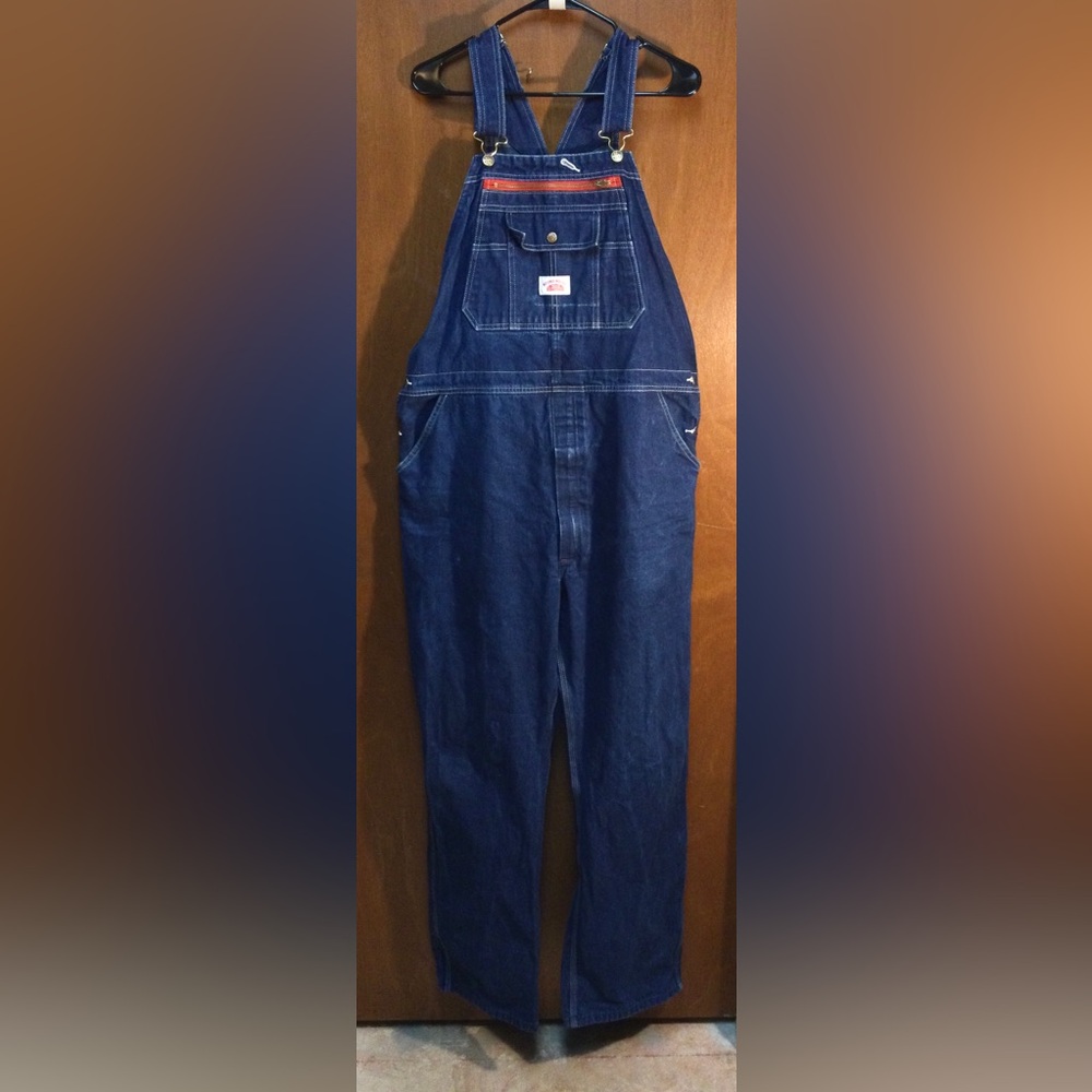 Round House Bib Overalls Mens 38x34 Blue Denim Workwear Carpenter Hammer Loop